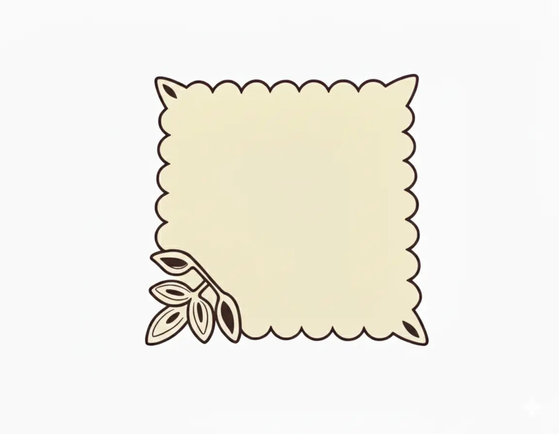 Set de table carré beige aux contours festonnés prune foncé. Décor de feuilles graphiques dans un coin, apportant une touche élégante et végétale. Style raffiné et chaleureux.