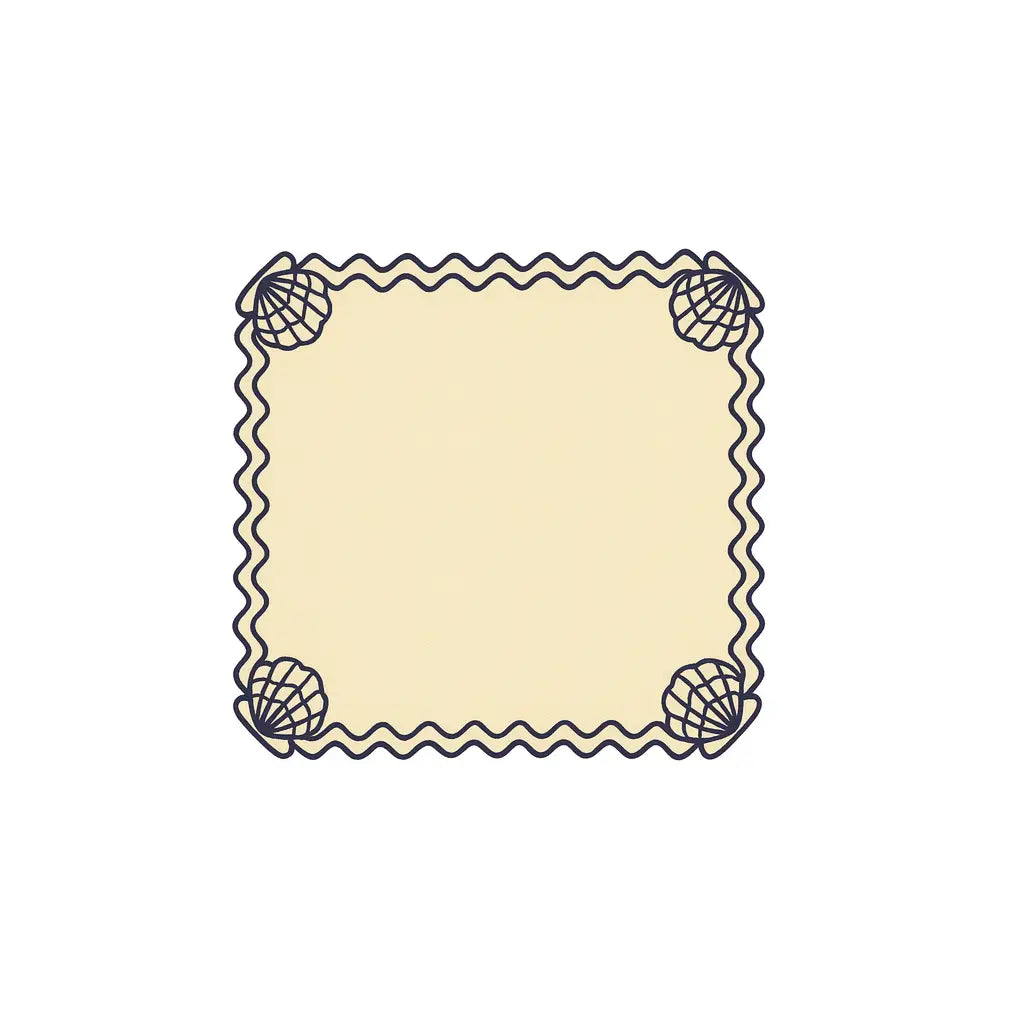 Set de table carré beige encadré d’un motif ondulé bleu foncé. Chaque coin est décoré d’un dessin de champignon stylisé. Esthétique originale et naturelle, à l’esprit botanique.