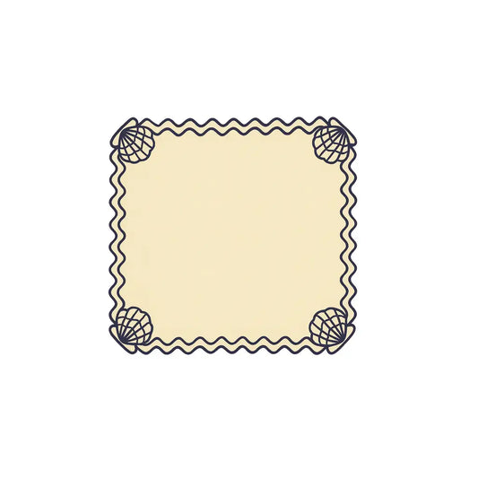 Set de table carré beige encadré d’un motif ondulé bleu foncé. Chaque coin est décoré d’un dessin de champignon stylisé. Esthétique originale et naturelle, à l’esprit botanique.