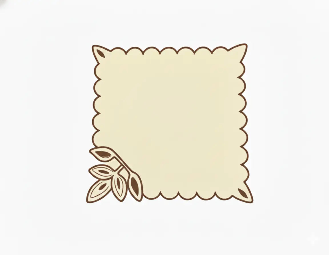 Set de table carré de couleur beige clair, bordé de festons marron. Un motif végétal stylisé avec des feuilles apparaît dans l’angle inférieur gauche. Design doux et naturel, inspiré de l’artisanat.